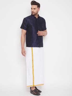 Blue plain silk  shirt & mundu 2