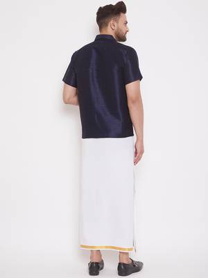 Blue plain silk  shirt & mundu 3