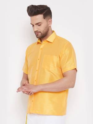 Yellow Plain Silk Men Shirt Only 2