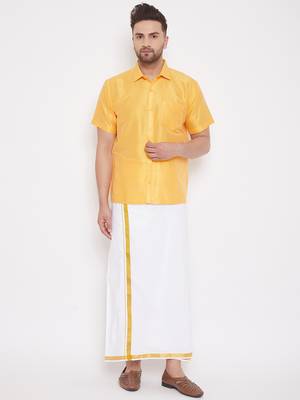 Yellow Plain Silk Men Shirt Only 5