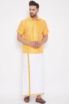Yellow plain silk  shirt & mundu