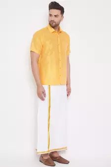 Yellow plain silk  shirt & mundu
