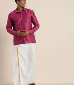 Vastramay Men's Purple and White Raw Silk Shirt And Mundu