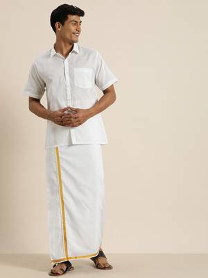 Vastramay Men's White And White Pure Cotton Shirt And Mundu 1