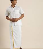 Vastramay Men's White And White Pure Cotton Shirt And Mundu