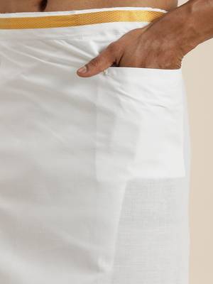 Vastramay Men's White And White Pure Cotton Shirt And Mundu 3