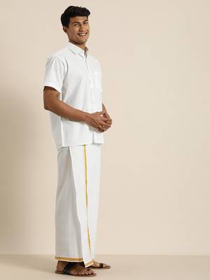 Vastramay Men's White And White Pure Cotton Shirt And Mundu 4