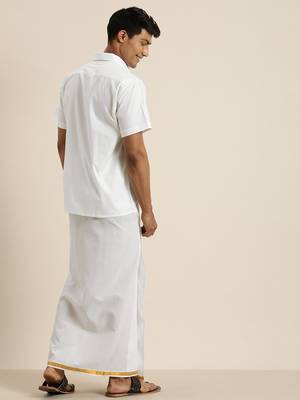 Vastramay Men's White And White Pure Cotton Shirt And Mundu 5