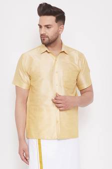 Gold plain silk  men shirt & mundu