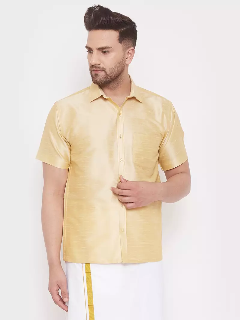 Gold plain silk  men shirt & mundu