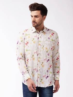 Men'S Multicolor-Base-Cream Muslin Blend Ethnic Shirt 1