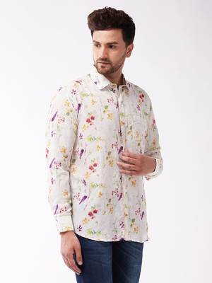 Men'S Multicolor-Base-Cream Muslin Blend Ethnic Shirt 2