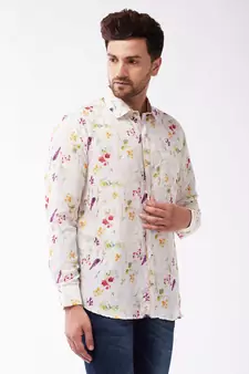 Men'S Multicolor-Base-Cream Muslin Blend Ethnic Shirt