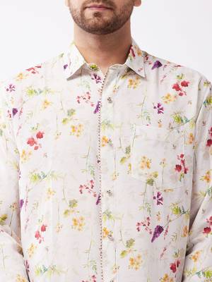 Men'S Multicolor-Base-Cream Muslin Blend Ethnic Shirt 4