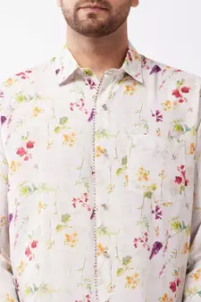 Men'S Multicolor-Base-Cream Muslin Blend Ethnic Shirt