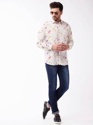 Men'S Multicolor-Base-Cream Muslin Blend Ethnic Shirt 5