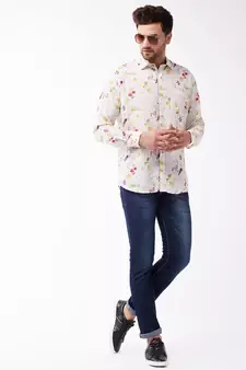 Men'S Multicolor-Base-Cream Muslin Blend Ethnic Shirt