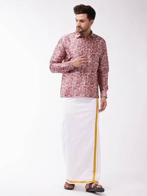 Vastramay Men's Multicolor-Base-Pink And White Silk Blend Shirt And Mundu 1