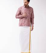 Vastramay Men's Multicolor-Base-Pink And White Silk Blend Shirt And Mundu
