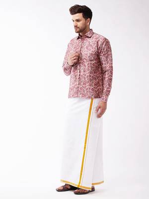 Vastramay Men's Multicolor-Base-Pink And White Silk Blend Shirt And Mundu 2
