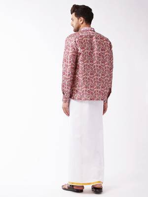 Vastramay Men's Multicolor-Base-Pink And White Silk Blend Shirt And Mundu 3