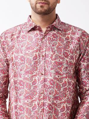 Vastramay Men's Multicolor-Base-Pink And White Silk Blend Shirt And Mundu 4