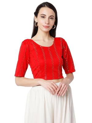 Women's Red Cotton Lycra Embroidered Readymade Free Size Saree Blouse 1
