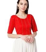 Women's Red Cotton Lycra Embroidered Readymade Free Size Saree Blouse