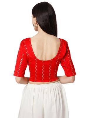 Women's Red Cotton Lycra Embroidered Readymade Free Size Saree Blouse 2