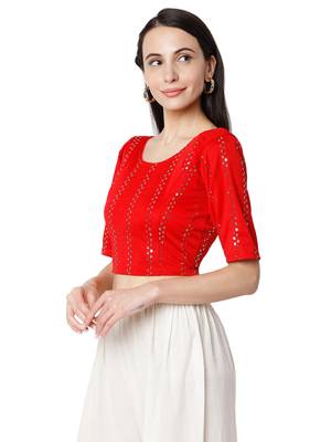 Women's Red Cotton Lycra Embroidered Readymade Free Size Saree Blouse 3