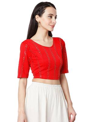 Women's Red Cotton Lycra Embroidered Readymade Free Size Saree Blouse 4