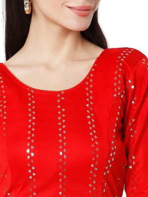 Women's Red Cotton Lycra Embroidered Readymade Free Size Saree Blouse 5