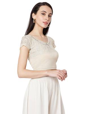 Women's Gold Cotton Lycra Embroidered Readymade Free Size Saree Blouse 4