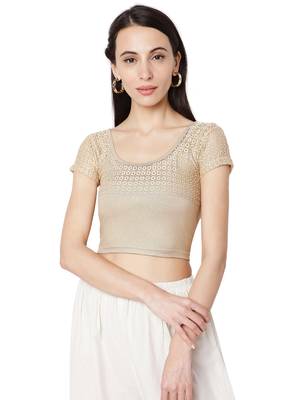 Women's Gold Cotton Lycra Embroidered Readymade Free Size Saree Blouse 1