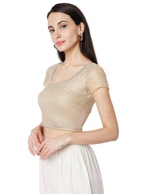 Women's Gold Cotton Lycra Embroidered Readymade Free Size Saree Blouse 3