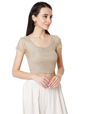 Women's Gold Cotton Lycra Embroidered Readymade Free Size Saree Blouse 4