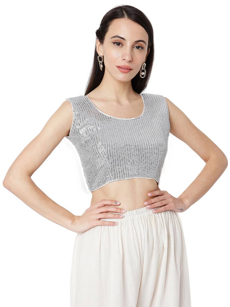 Women's Satin Silk Silver Embellished Ready to Wear With Blouse Piece