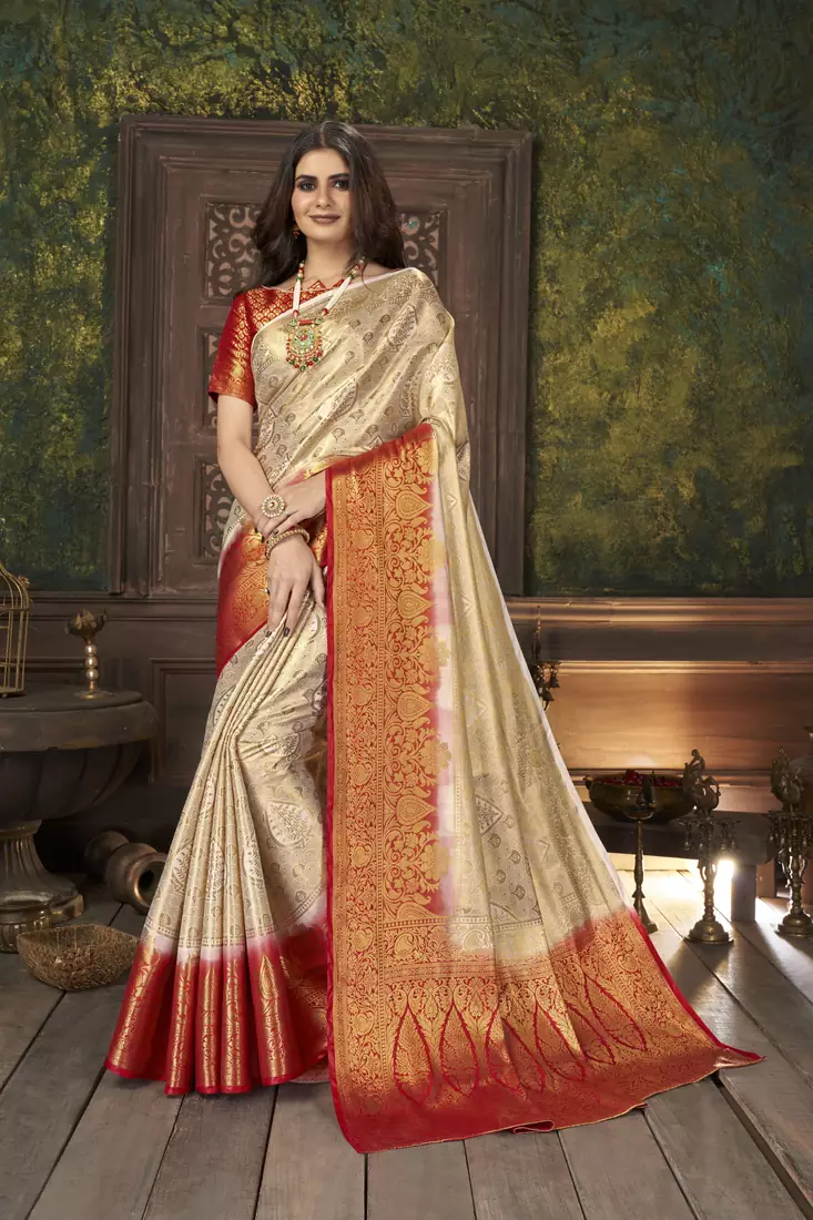 Beige woven banarasi silk saree with blouse
