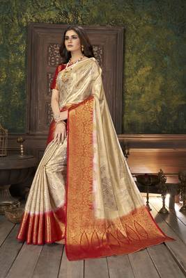Beige woven banarasi silk saree with blouse 2