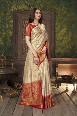 Beige woven banarasi silk saree with blouse 3