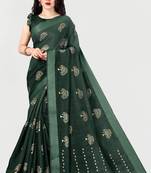 Dark Green Printed Blended Cotton Saree With Blouse