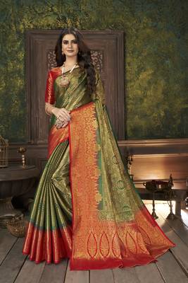 Green woven banarasi silk saree with blouse 1