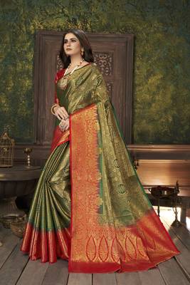 Green woven banarasi silk saree with blouse 2