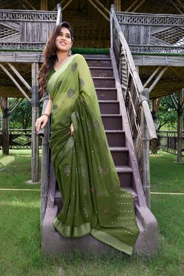 Green printed blended cotton saree with blouse 1