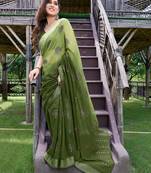 Green printed blended cotton saree with blouse