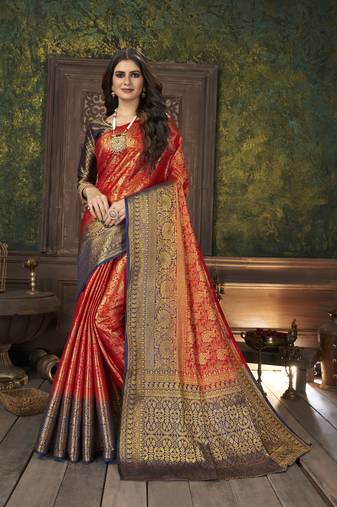 Red woven banarasi silk saree with blouse