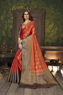 Red woven banarasi silk saree with blouse 2