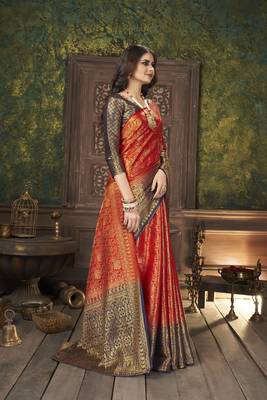 Red woven banarasi silk saree with blouse 3