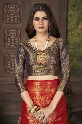 Red woven banarasi silk saree with blouse 4