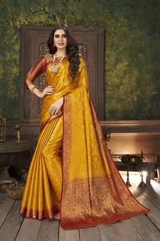 Yellow woven banarasi silk saree with blouse